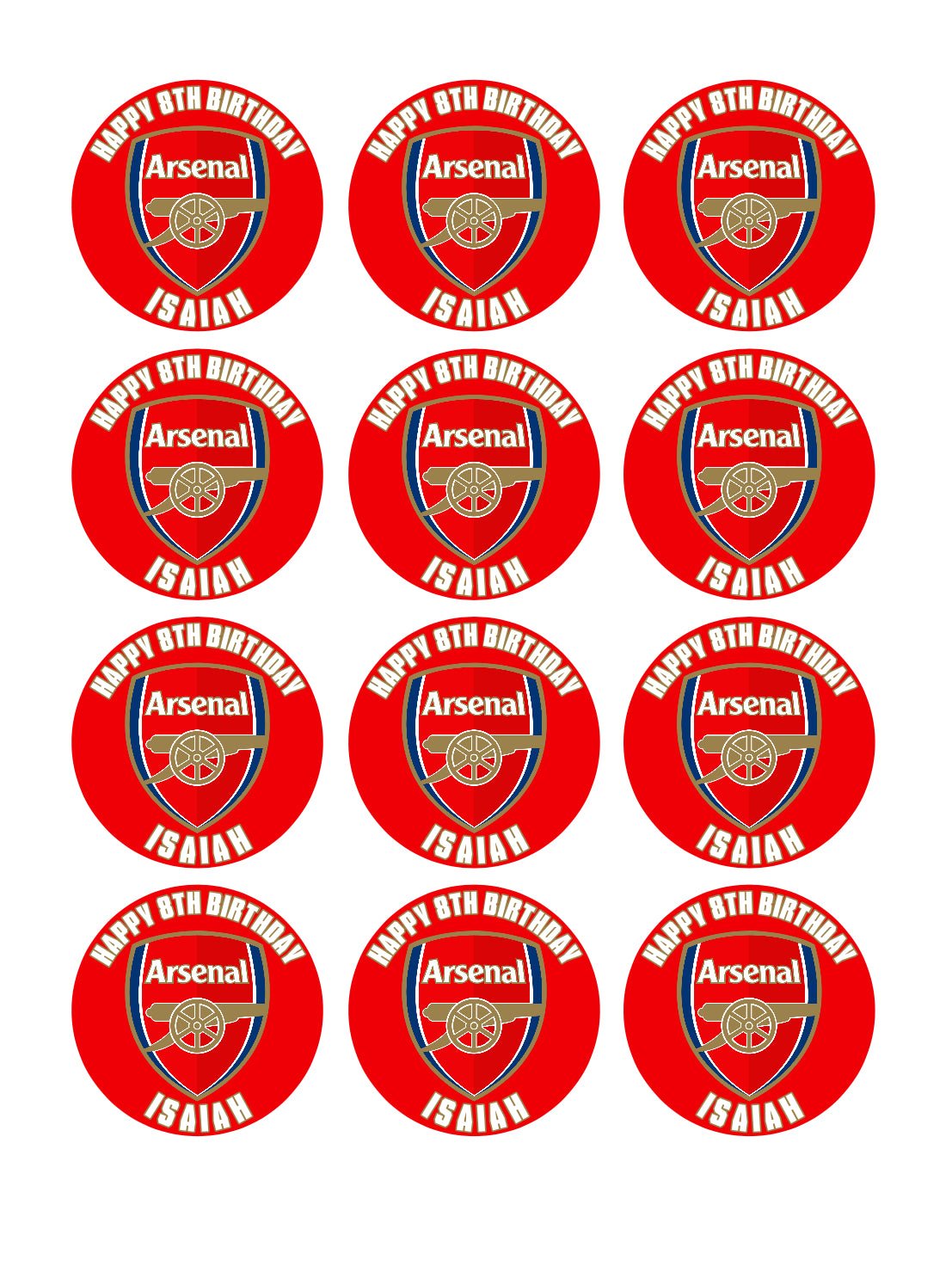 12 PRE CUT ARSENAL FC INSPIRED PERSONALISED EDIBLE Icing Cupcake Toppers - House of Cakes