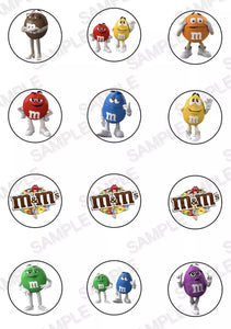 12 x Candy Characters 5cm PRE CUT Cupcake Edible Icing M&M Logo Toppers - House of Cakes