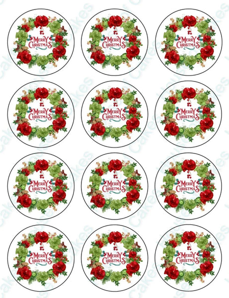 12x Merry Christmas Wreath 5cm PRE - CUT Edible Icing Cupcake Toppers - House of Cakes