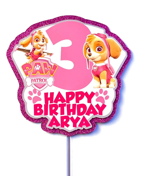 Personalised 2D Paw Patrol Girl Birthday Name&Age Cardstock Glitter Cake Topper