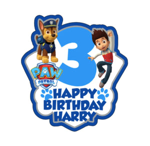 Personalised 2D Paw Patrol Boy Birthday Name & Age Cardstock Glitter Cake Topper