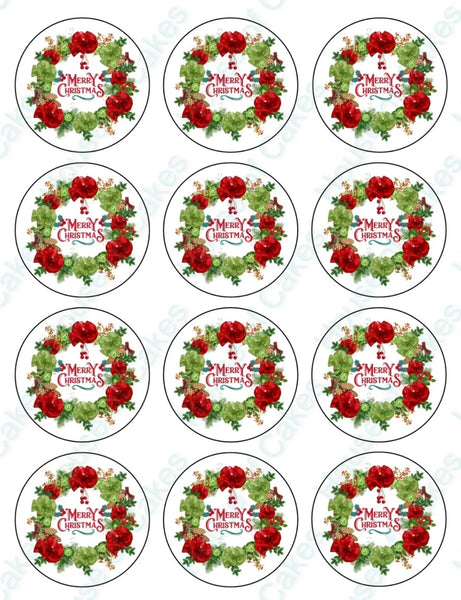 12x Merry Christmas Wreath 5cm PRE-CUT Edible Icing Cupcake Toppers