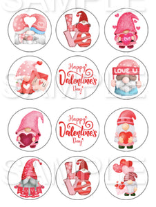 12 PRE CUT Edible Icing Gnome Love Valentines Day Cupcake Toppers 5cm Discs