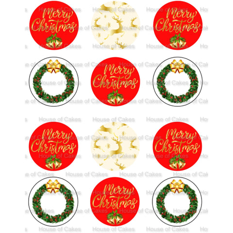 12x Merry Christmas 5cm PRE-CUT Edible Icing Cupcake Toppers