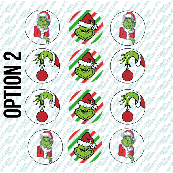 12xChristmas Grinch 5cm PRE-CUT Edible Icing Cupcake Toppers