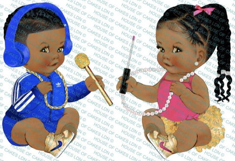 Afro Baby Boy & Girl Gold Sneakers Edible Icing PRE - CUT Cake Topper - House of Cakes