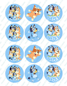 BLUEY & BINGO INSPIRED 5CM PRE - CUT ROUND EDIBLE ICING CUPCAKE TOPPERS x 12 - House of Cakes