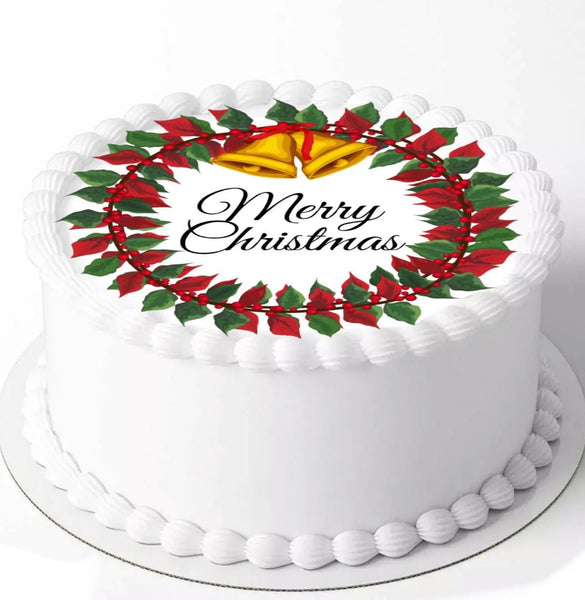 Christmas Wreath EDIBLE Icing 8 INCH Round PRE - CUT Cake Topper Decoration - House of Cakes