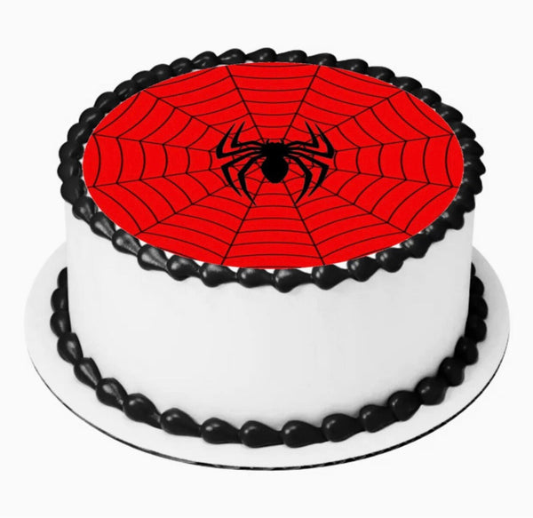 SPIDERMAN RED BACKGROUND BLACK WEB EDIBLE ROUND 8 INCH PRE-CUT CAKE TOPPER