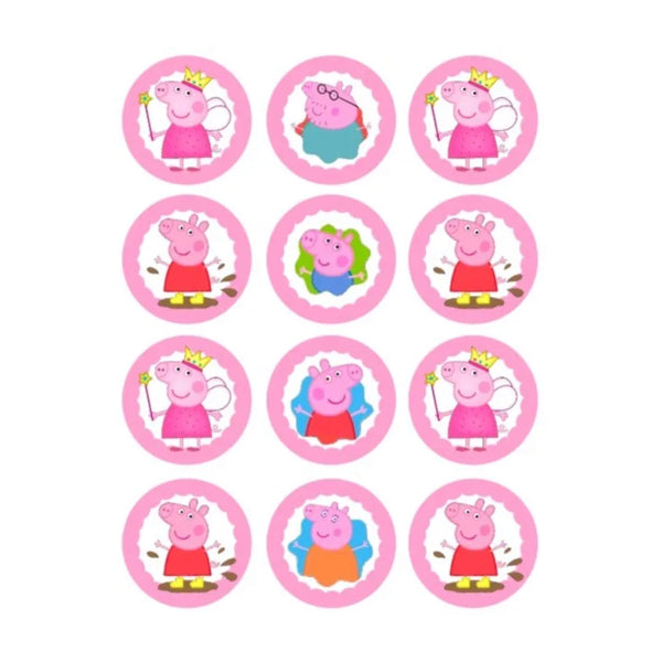 Peppa Pig Inspired 5cm ROUND PRE CUT Edible Icing Logo Cupcake Toppers x 12