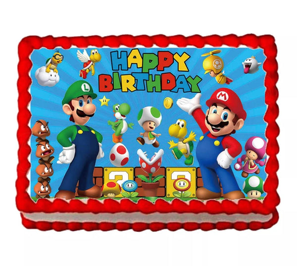 MARIO BROS INSPIRED A4 EDIBLE ICING HAPPY BIRTHDAY CAKE TOPPER DECORATION - House of Cakes