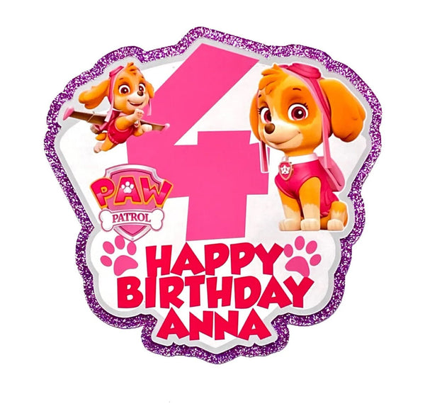 Personalised 2D Paw Patrol Girl Birthday Name&Age Cardstock Glitter Cake Topper - House of Cakes