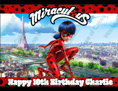 PERSONALISED MIRACULOUS LADYBUG A4 EDIBLE ICING CAKE TOPPER - House of Cakes