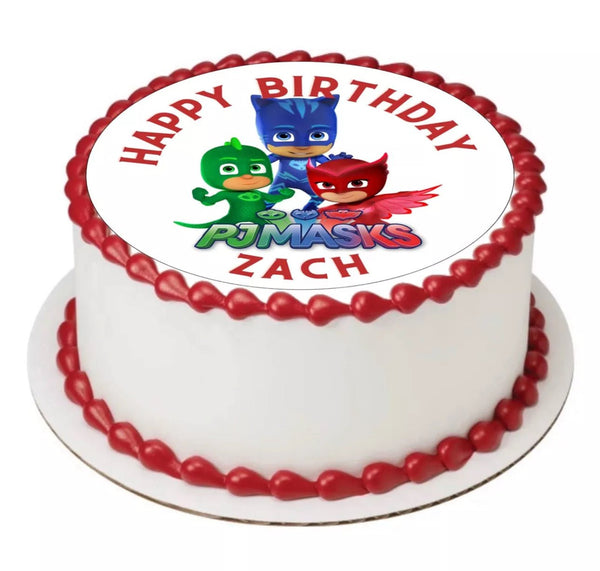 PJ MASKS PERSONALISED EDIBLE ROUND 8 INCH PRE - CUT BIRTHDAY CAKE TOPPER - House of Cakes