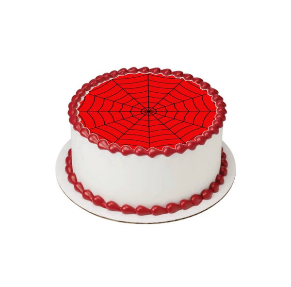 SPIDERMAN RED BACKGROUND BLACK WEB EDIBLE ROUND 8 INCH PRE - CUT CAKE TOPPER - House of Cakes