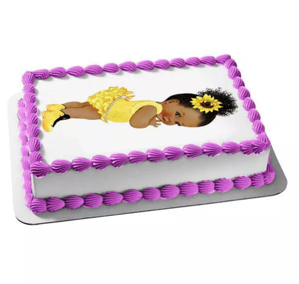 Sunflower Afro Puff Baby Girl Edible Icing PRE - CUT Cake Topper - House of Cakes