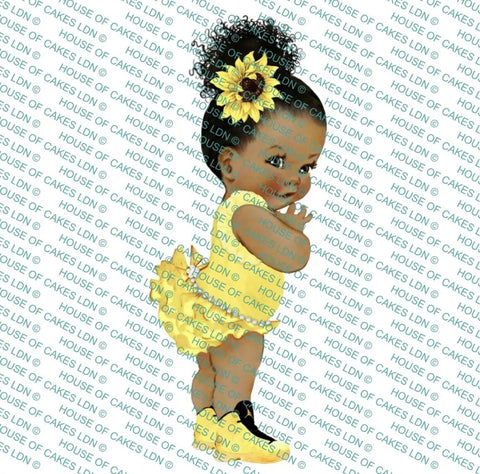 Sunflower Afro Puff Baby Girl Edible Icing PRE - CUT Cake Topper - House of Cakes