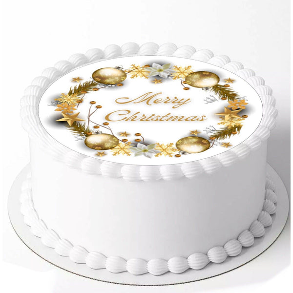 Christmas Gold Wreath EDIBLE Icing 8 INCH Round PRE-CUT Cake Topper