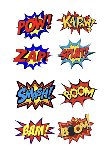 8 Vibrant Edible Icing Superhero Retro Pow Zap Comic Book Pre-Cut Cake Toppers