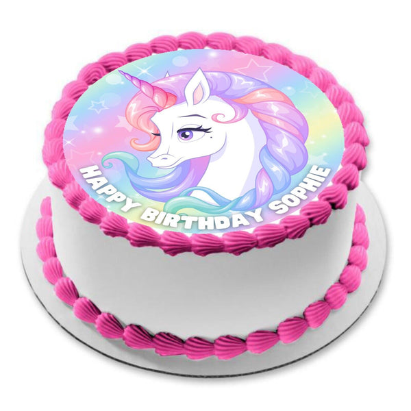 Unicorn Theme PERSONALISED EDIBLE 8 INCH Icing Round Cake Topper