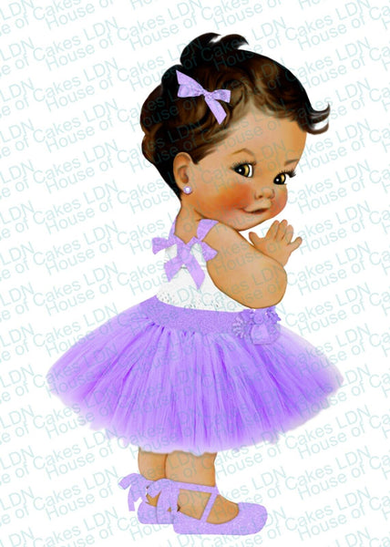 Lavender Baby Girl Ballerina with Lilac Tutu & Bows EDIBLE PRE-CUT Cake Topper