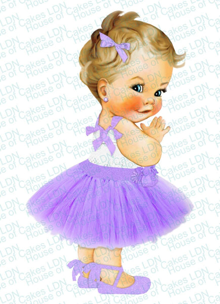Lavender Baby Girl Ballerina with Lilac Tutu & Bows EDIBLE PRE-CUT Cake Topper