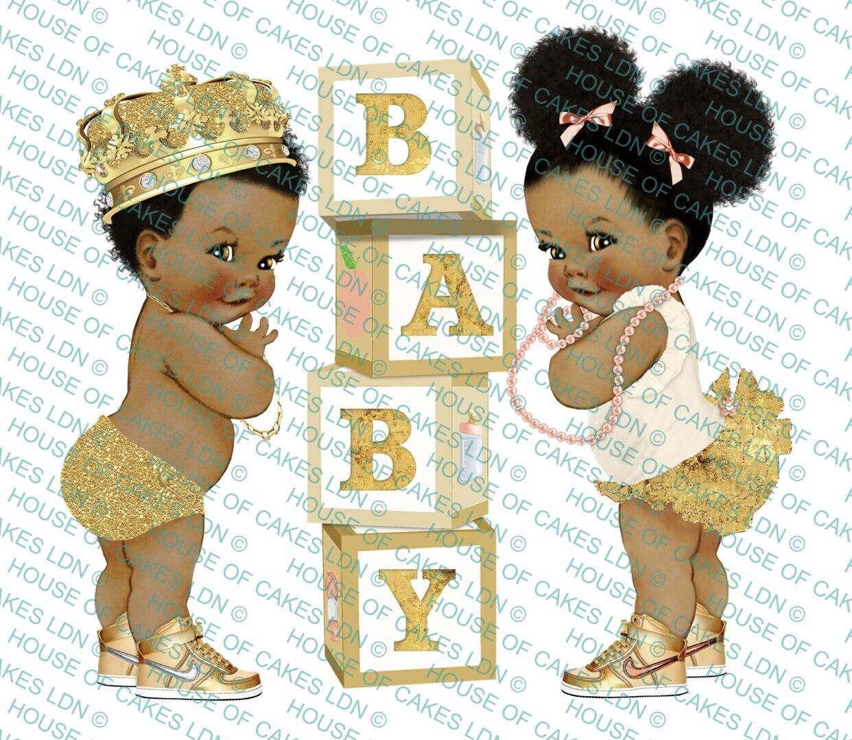 Afro Baby Boy & Girl Gold BABY Blocks Edible Icing PRE-CUT Cake Topper