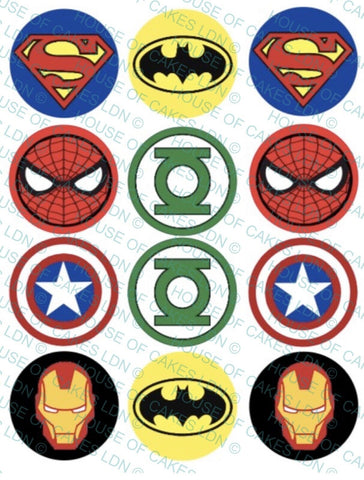12 Superhero Marvel DC Comic Book 5cm ROUND PRE CUT Edible Icing Cupcake Toppers