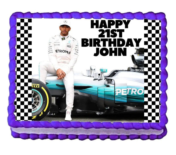 PERSONALISED Formula 1 Inspired Lewis Hamilton EDIBLE A4 Icing Sheet Cake Topper