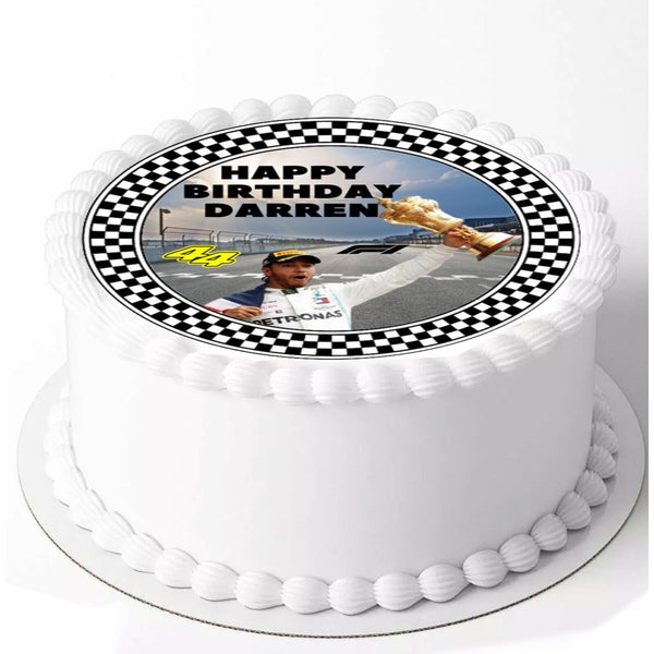 PERSONALISED Formula 1 Inspired Lewis Hamilton EDIBLE 8 INCH PRE-CUT Cake Topper
