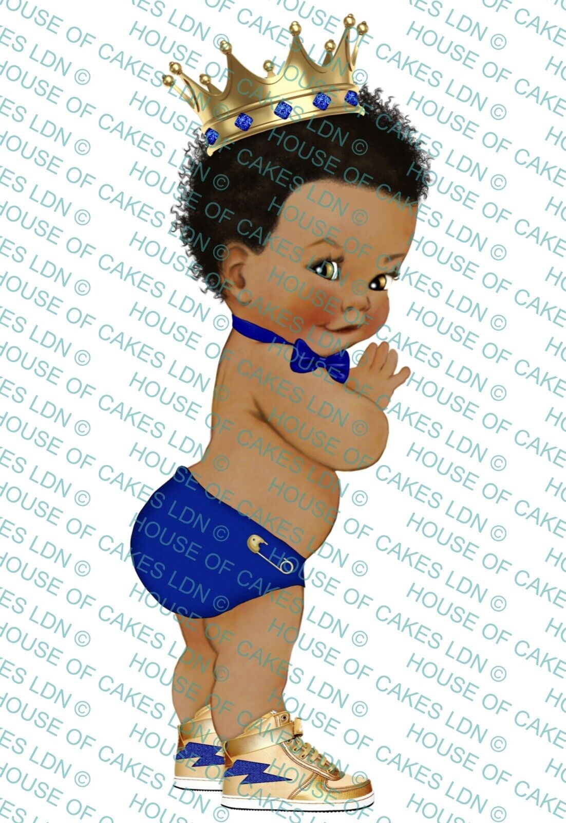 Afro Baby Boy Blue Bow Tie & Gold Sneakers Edible Icing PRE-CUT Cake Topper