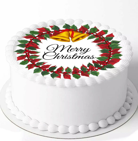 Christmas Wreath EDIBLE Icing 8 INCH Round PRE-CUT Cake Topper Decoration