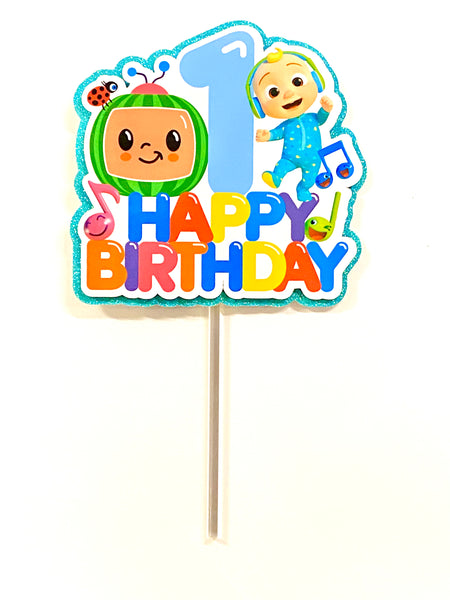 Cocomelon Happy Birthday + Age Cardstock Glitter Cake Topper