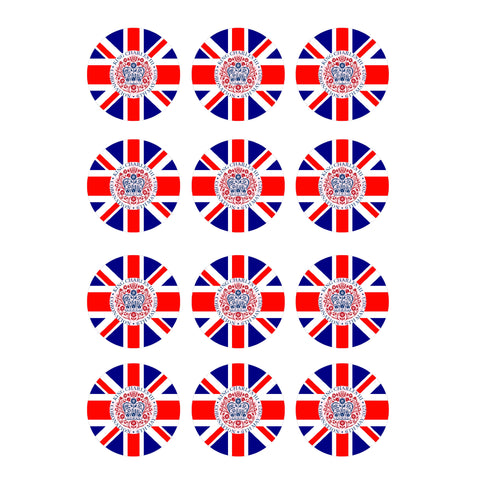 12x King Charles Coronation x Union Jack 5cm Pre-Cut EDIBLE Icing Cupcake Toppers Celebration Cake Decorations