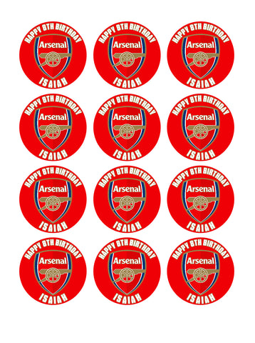 12 PRE CUT ARSENAL FC INSPIRED PERSONALISED EDIBLE Icing Cupcake Toppers